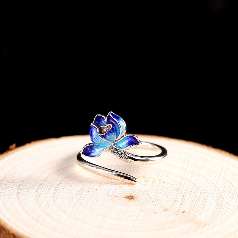 Cincin Model Terbuka Desain Bunga Teratai cloisonne Warna Biru Polos Gaya retro Untuk Wanita