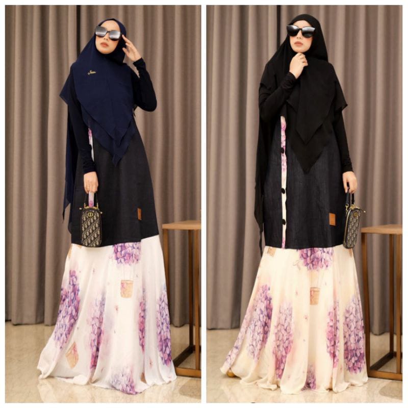 [JOZA CLOTHING] GAMIS SYARI / DRESS ONLY PRINTING " DENIM FLOWER PLISKET " By Joza Clothing