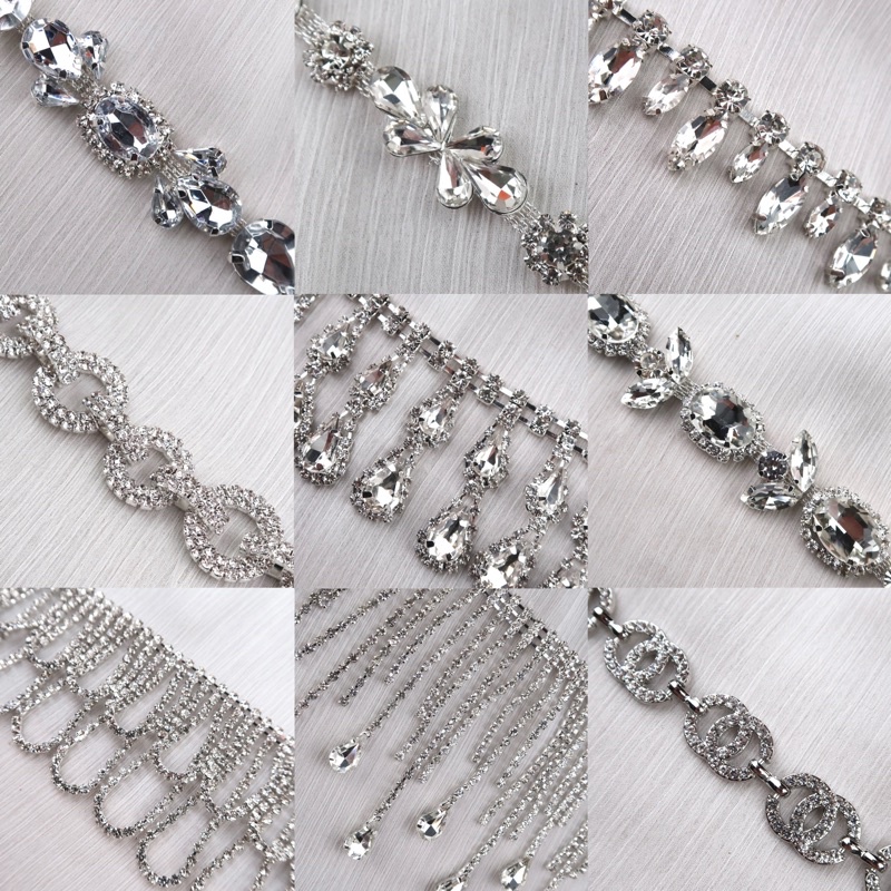 Payet Rangkai Mutiara Kristal Berlian Swarovski Mewah | Fancy Rhinestone Chain Bridal Applique | Apl