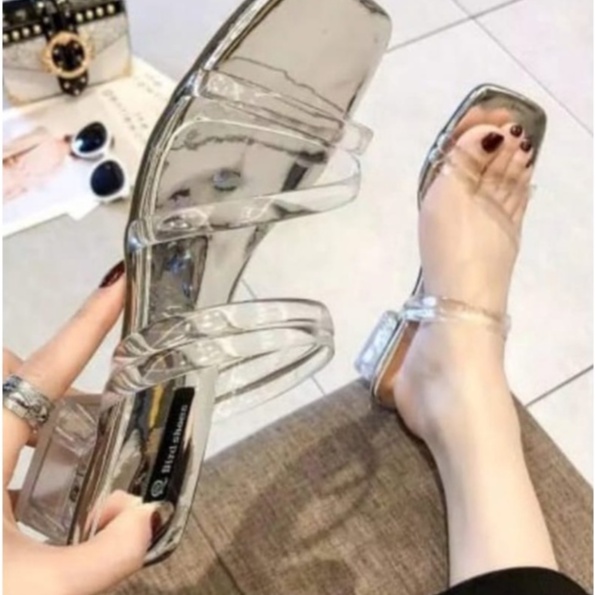 COCOD&gt;&gt;&gt;  Heels Kaca Strip Jelly /7.7 Sale Sandal Heels Kaca Jelly Silang/Sandal Heel Wanita Tali Jelly Hak Kaca