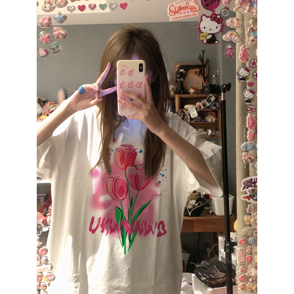 EUNII T-shirt Lengan Pendek Cetak Tulip Korean Style/Kaos Atasan Wanita/Baju Kaus Oversize Wanita