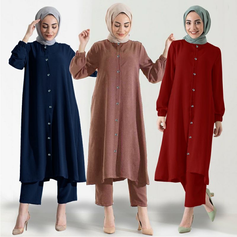 Livy Setelan Muslim Tunik dan Celana | Baju Set Wanita Muslim | Long Tunik Set Celana Muslim Terbaru