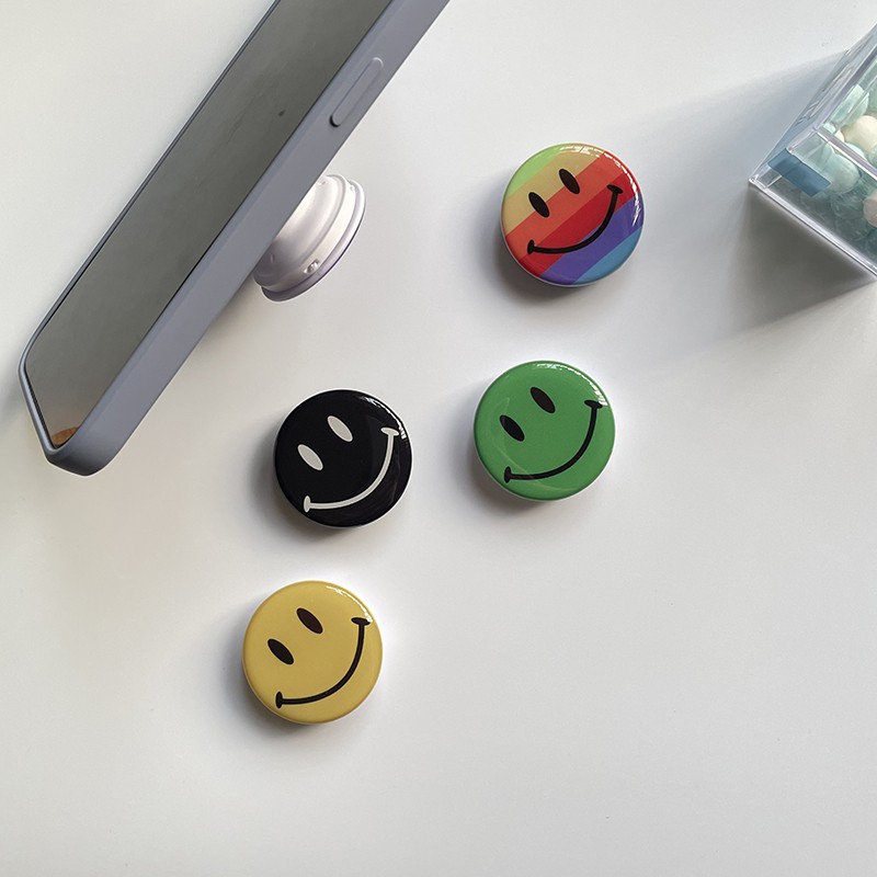 Popsocket Hp Bentuk Bulat Motif Smiley Face Warna Pelangi