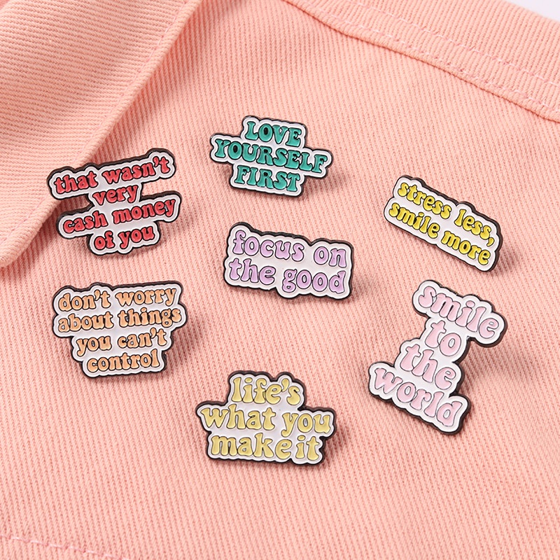 Funny Quote Enamel Pin Smile to the World Geometry Brooches Backpack Clothes Lapel Pins Metal Badge Jewery Gift for Friends