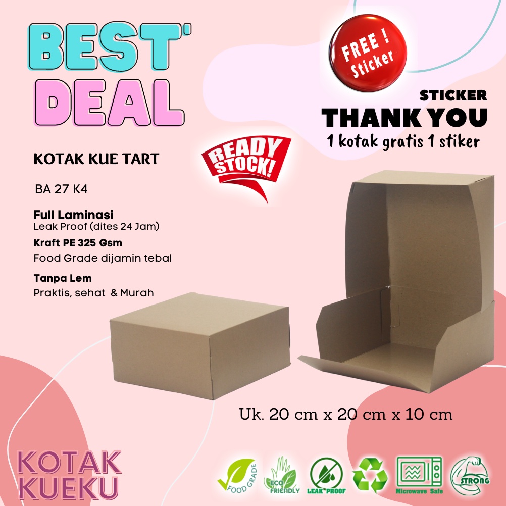 

[10 PCS] Box Cake/Kue Tart Uk.20X20X10 Cm Laminasi Kotak Kraft