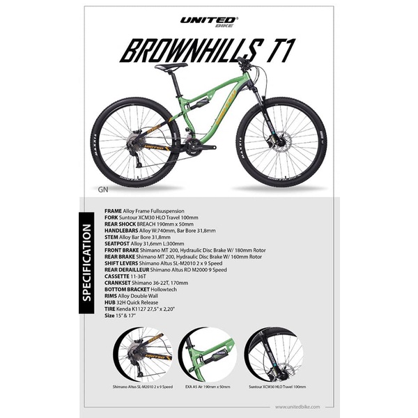 Sepeda Gunung Fullsus MTB UNITED Brownhills T1 2x9S Altus Air Rearshox