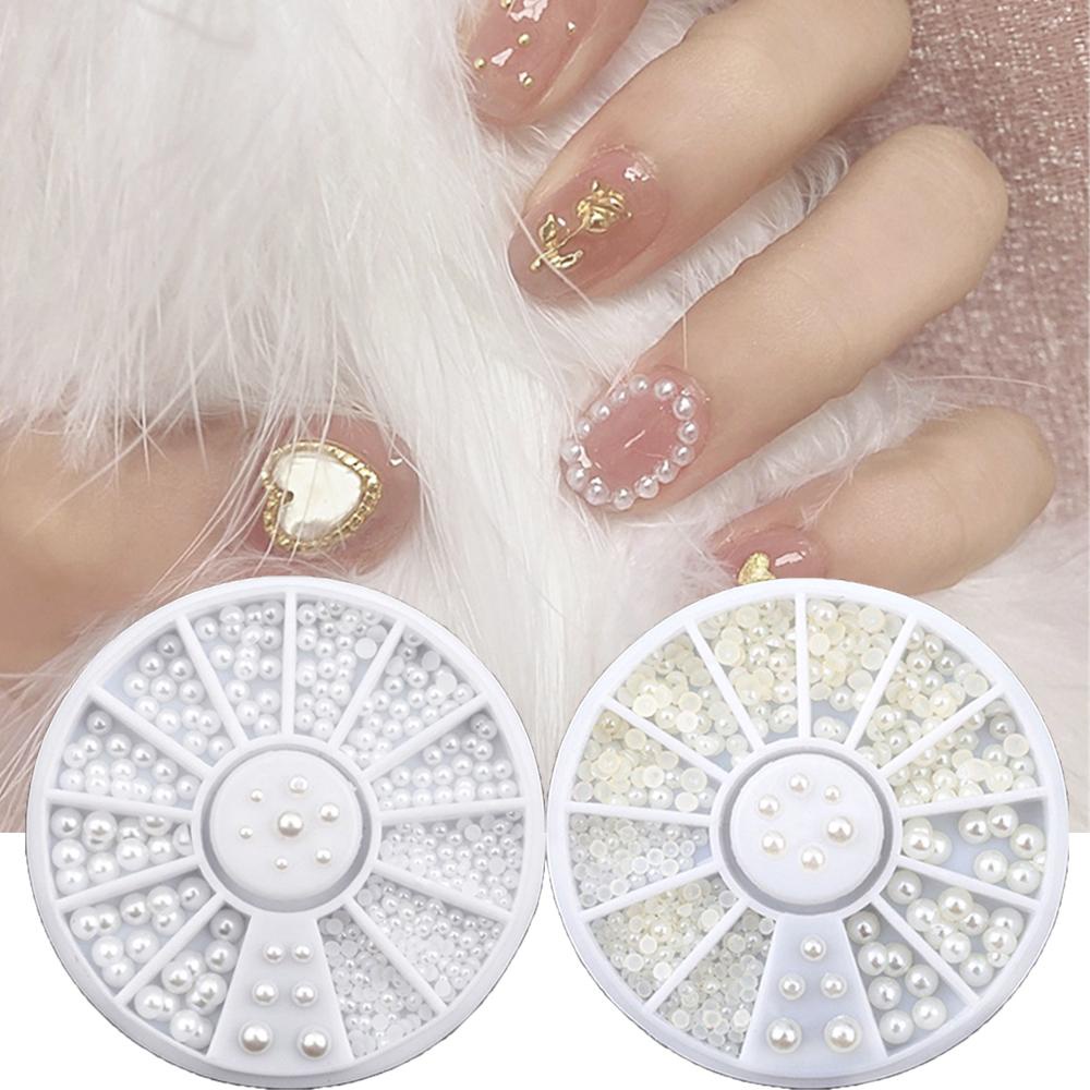 AUGUSTINA Hiasan Nail Art Mutiara Agustina2/3mm Setengah Bulat Putih Ukuran Campur 3D Nail Rhinestones