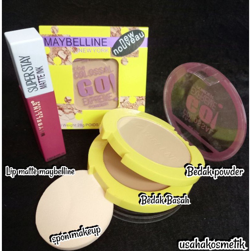 PAKET 2IN1 BEDAK POWDER + BEDAK BASAH +LIP MATTE  MAYBELLINE