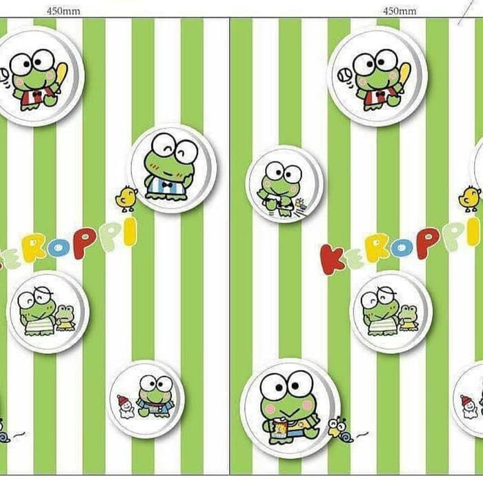 Wallpaper Dinding Stiker Kakarter Keroppi Salur Hijau Ukuran 45 cm x 10 m
