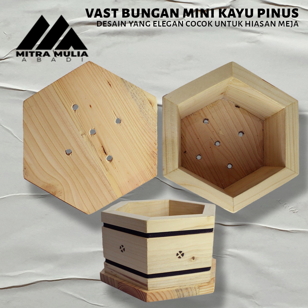 Pot vast Bunga hexagonal Kayu Pinus warna Cream | vast bunga mini