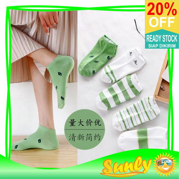 ☀ Sunly ☀ A109 Kaos Kaki Wanita Motif Green Leaf Fashion Korea Women Sock Import Murah