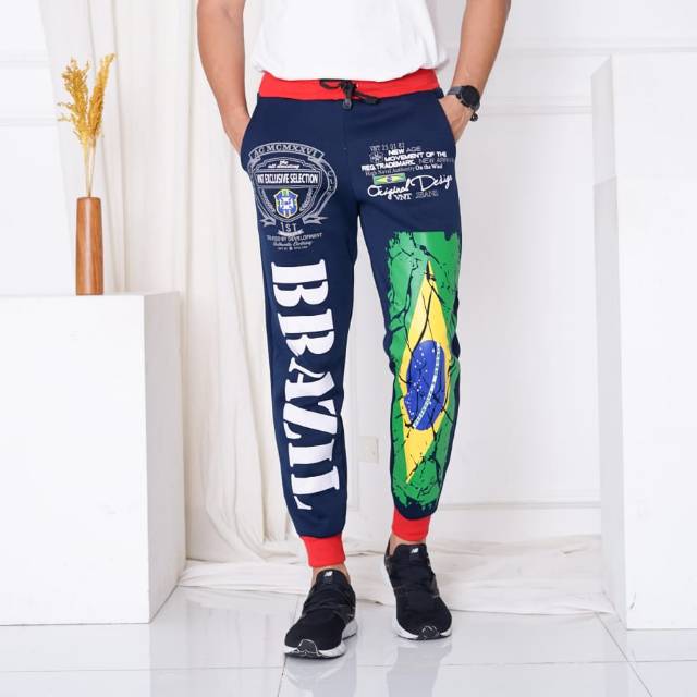 TOTOTAshop.Celana jogger BRAZIL.Bahan fleece tebal.motif sablon.