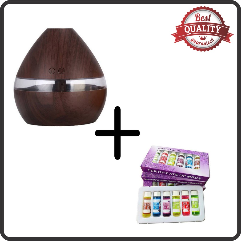 DIFFUSER HUMIDIFIER AROMATHERAPY DESAIN WOOD 300 ml + ESSENTIAL OIL 6 PCS-WOOD+FREE OIL