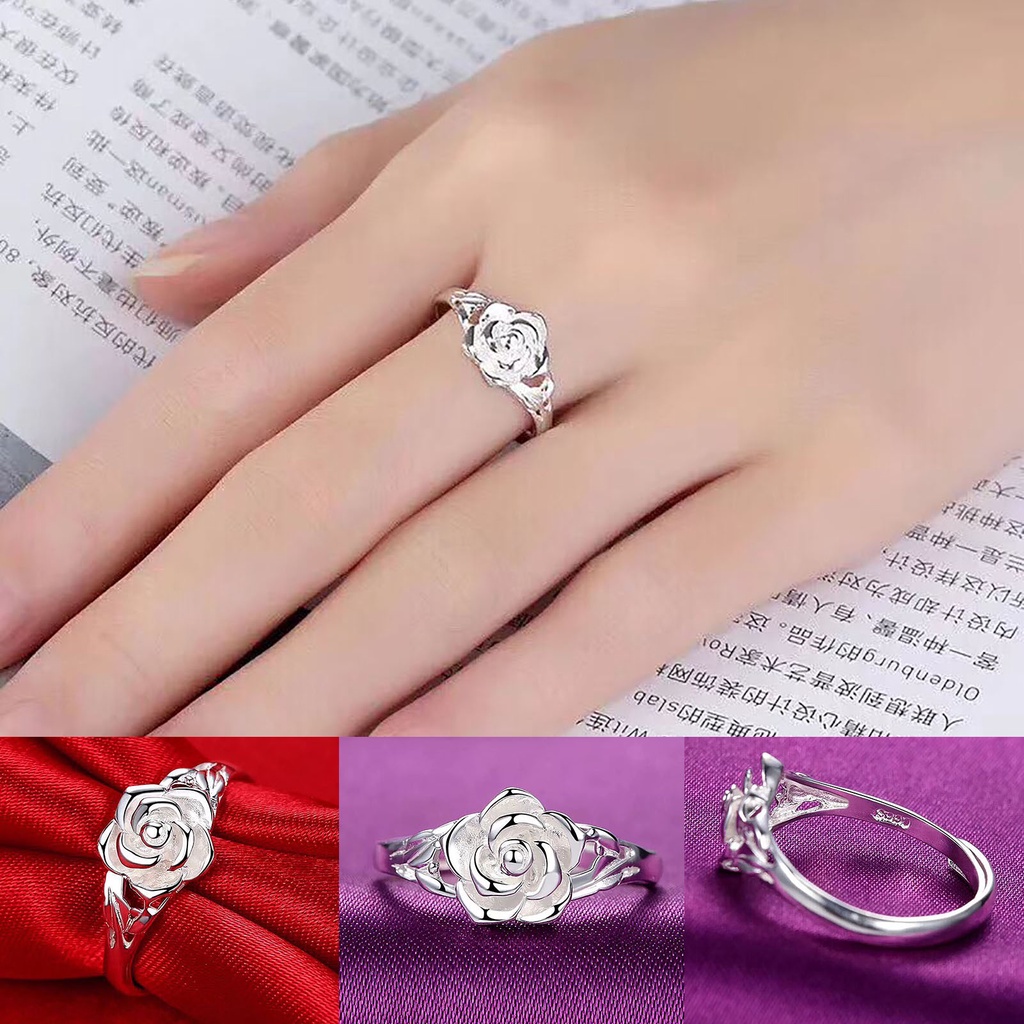 Hu Hu Hu Hu Hu Alat Bantu Pasang Kacamata♡ Cincin Tunangan Desain Bunga Mawar Hollow Bahan Tembaga Warna Silver Gaya Retro Untuk Wanita