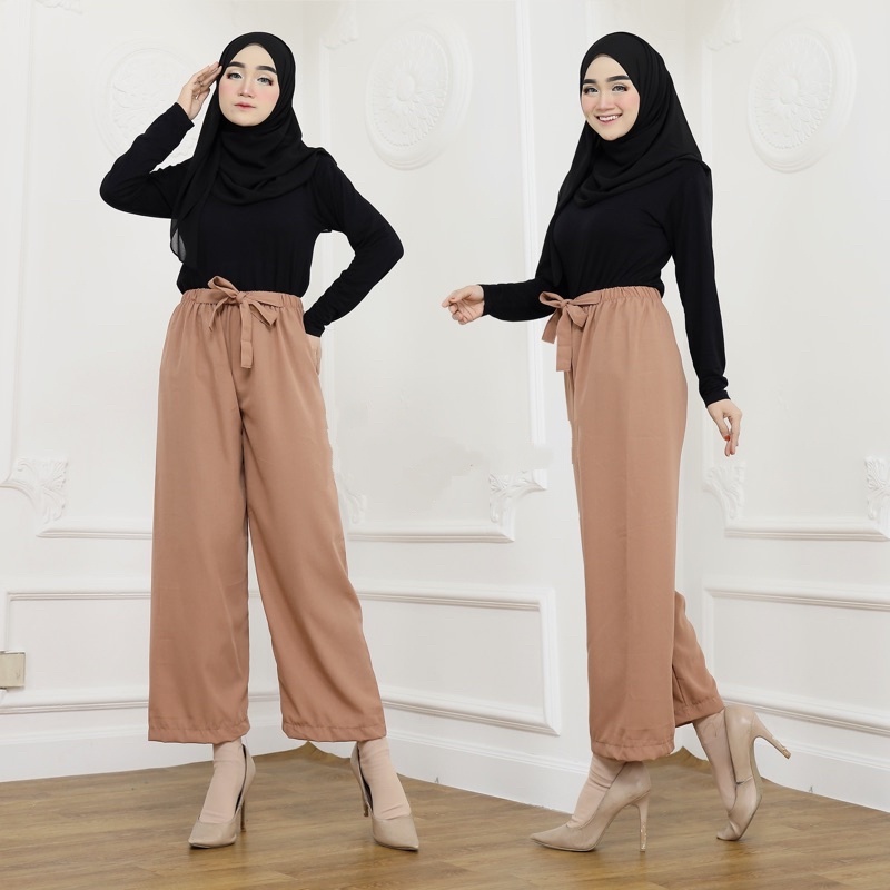 Celana Kulot Tali Bahan Wolfis Premium – Kulot Ribbon Highwaist Wanita