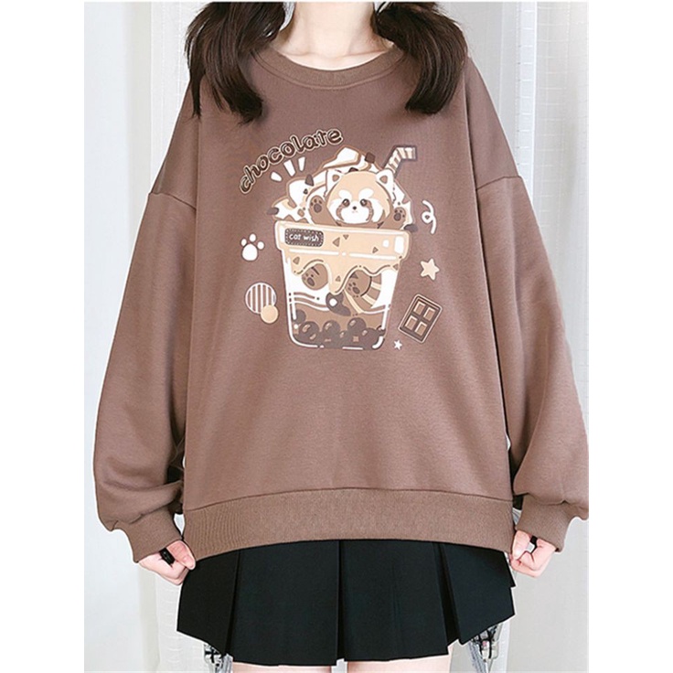 CHOCOLATE CAT WISH Oversize Sweater Crewneck Oblong Wanita Blouse Gaya Casual Korean Style