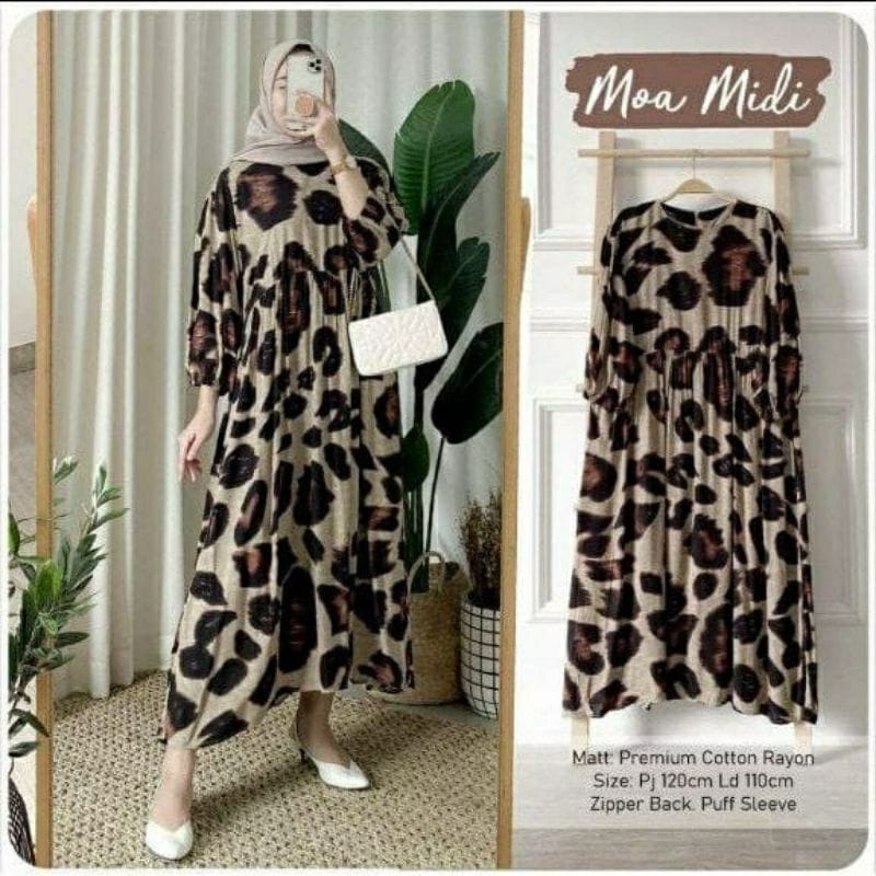 MOA MIDI DRESS RAYON VISCOSE MOTIF LEOPARD BUSUI FRENDLY TALI PINGGANG