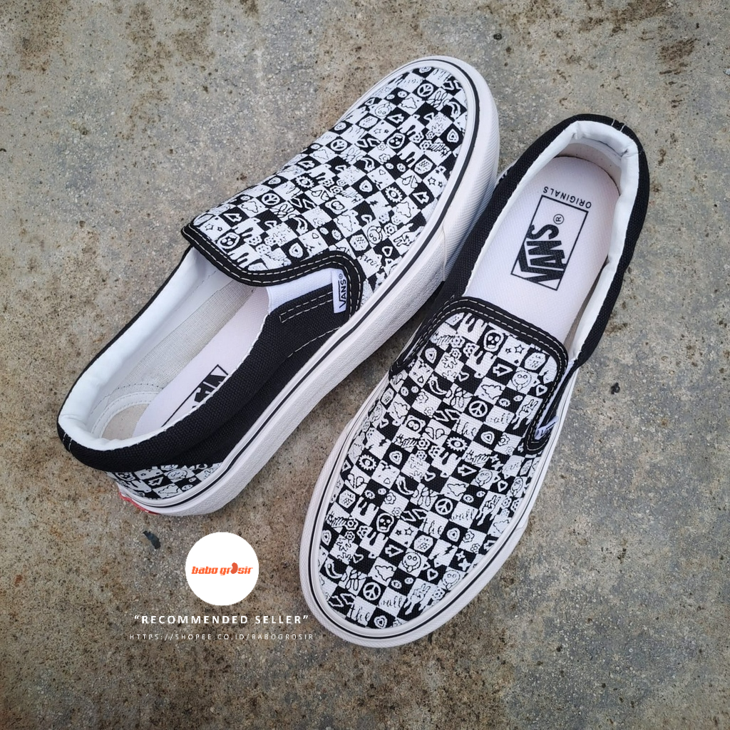 PROMO Sepatu Vans Slip On Classic Doodle Checkerboard Black Premium Import Quality, Harga Termurah, Kualitas Terbaik