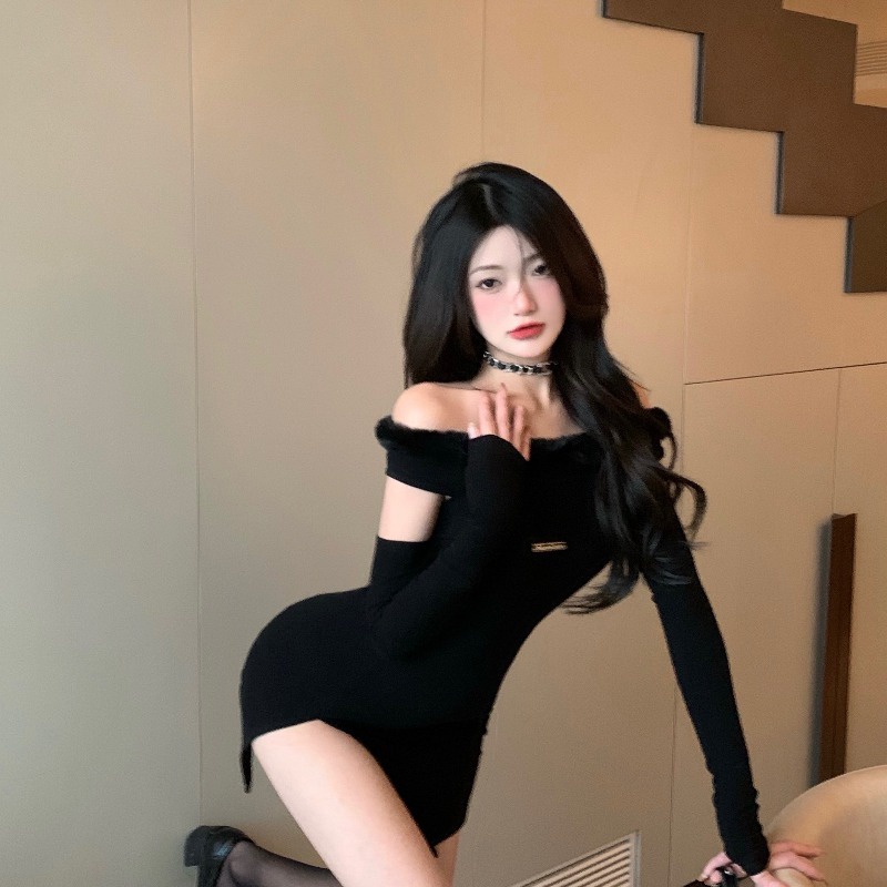 midi dress korea jahitan berbulu satu bahu split terbuka kembali lengan panjang gaun rok paket seksi