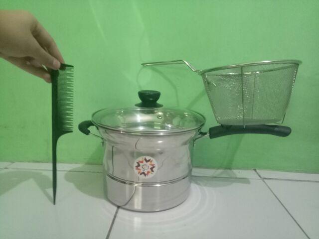 Deep Fryer Pan 3 In 1 Stainless Steel Pot Rebus - Panci Goreng - Wajan Kukus 22 Cm