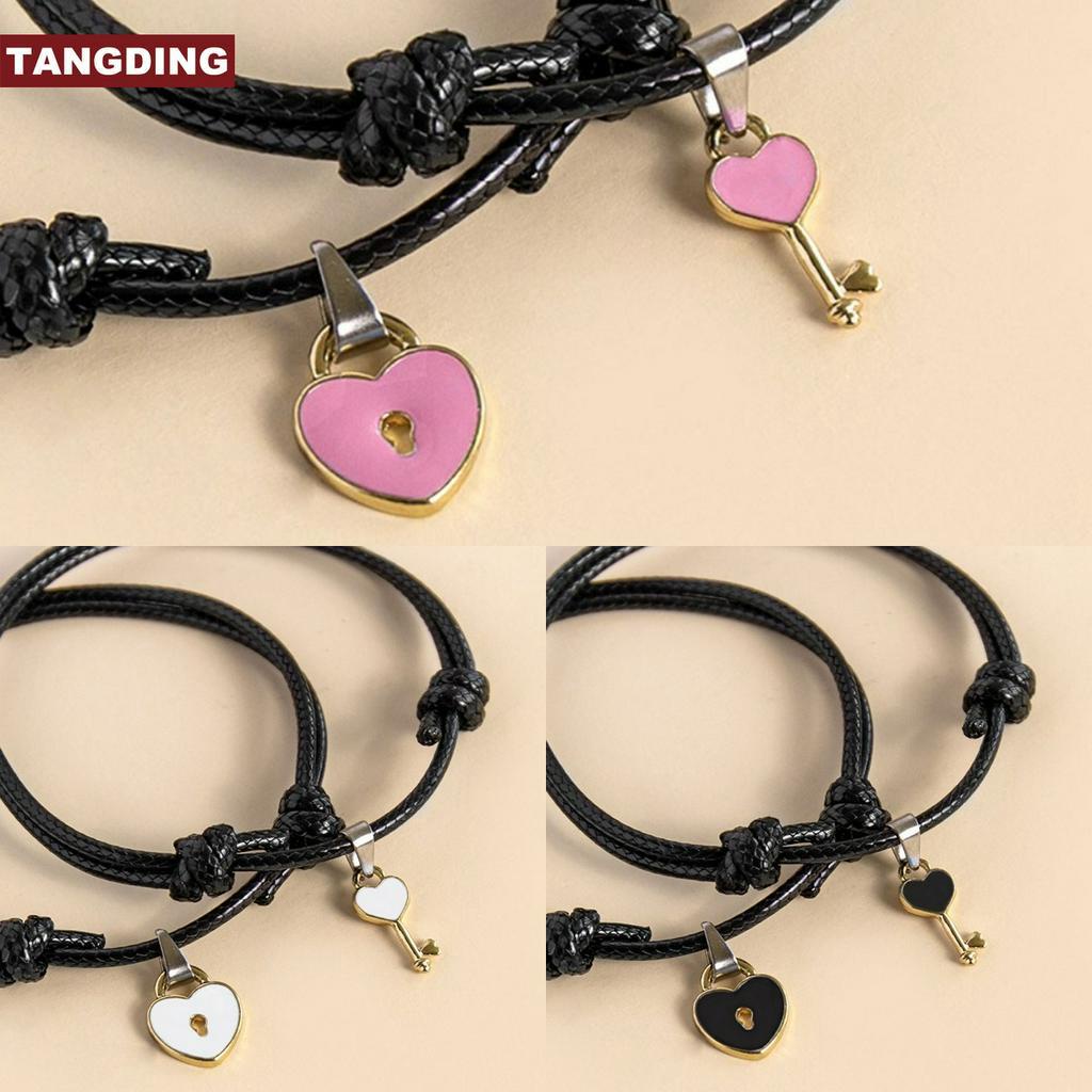 1 Pasang Gelang Tali Kepang Adjustable Dengan Liontin Kunci Hati Untuk Pasangan Charms