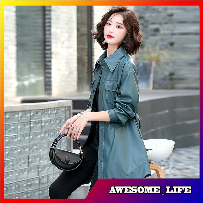 Jaket Pendek Wanita Kulit Sheepskin Leather Coat Women's Mid-Length  New Fall plus Size Waist Trimmi