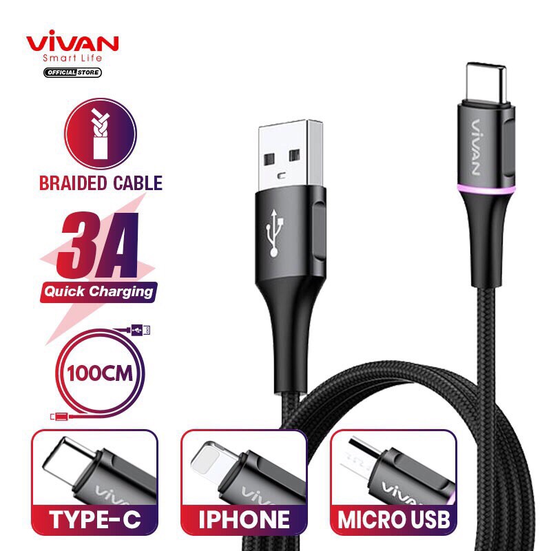 VIVAN VDC100 / VDC200 Kabel Type C 3A LED Light Quick Charge 1M &amp; 2 M - Garansi Resmi 1 Tahun