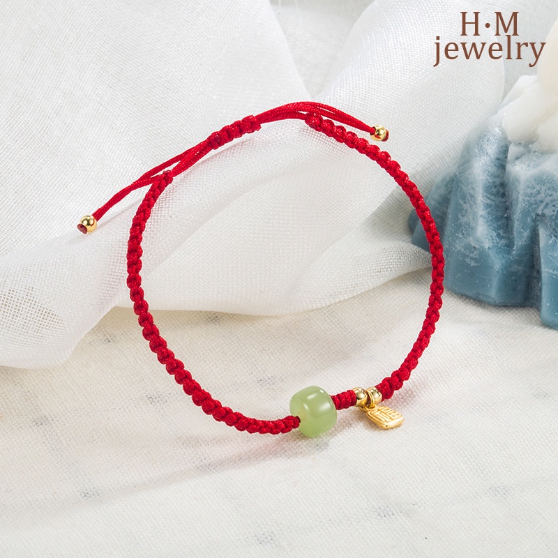 2022 Gelang Tangan Tali Merah Aksen Batu Giok Hetian Motif Shio Cina Untuk Aksesoris Wanita / Hadiah