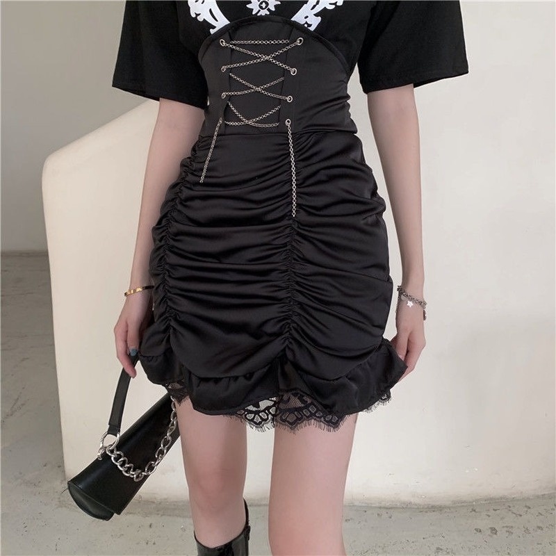 Lace Wrap Skirt Women Sexy Gothic Punk Black Shirring Lace-up