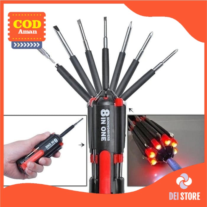 Obeng 8 Ukuran Dilengkapi Senter LED Kuat dan Kokoh Ngegrip dan BerMagnet Warna Hitam Merah