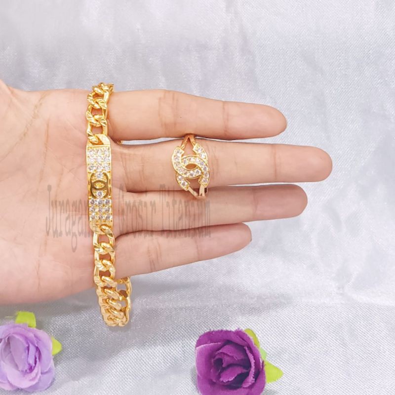 SET DEWASA TITANIUM PLAT LOGO PERHIASAN EMAS  KOREA ANTI KARAT DAN ANTI LUNTUR