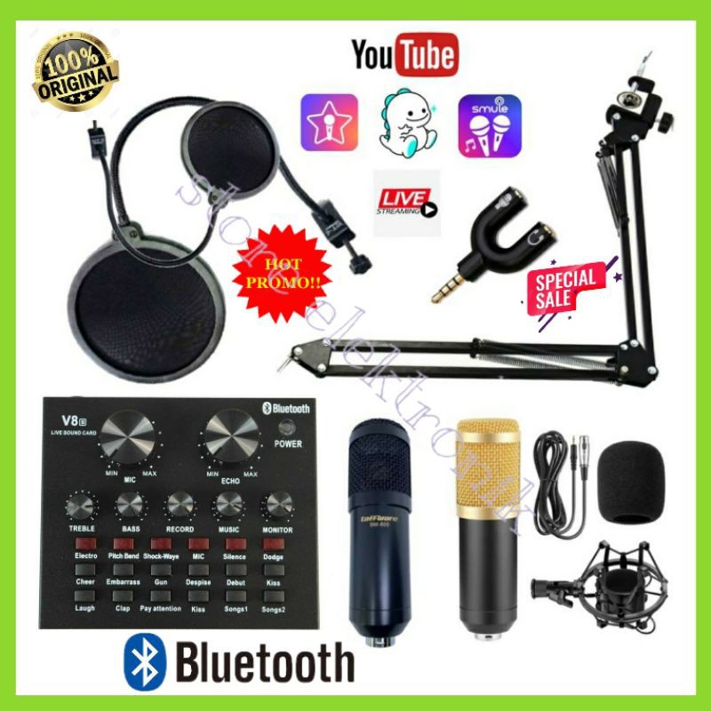 Paket Mic Condenser BM 800 Soundcard Taffware V8s Bluetooth Komplit.!!