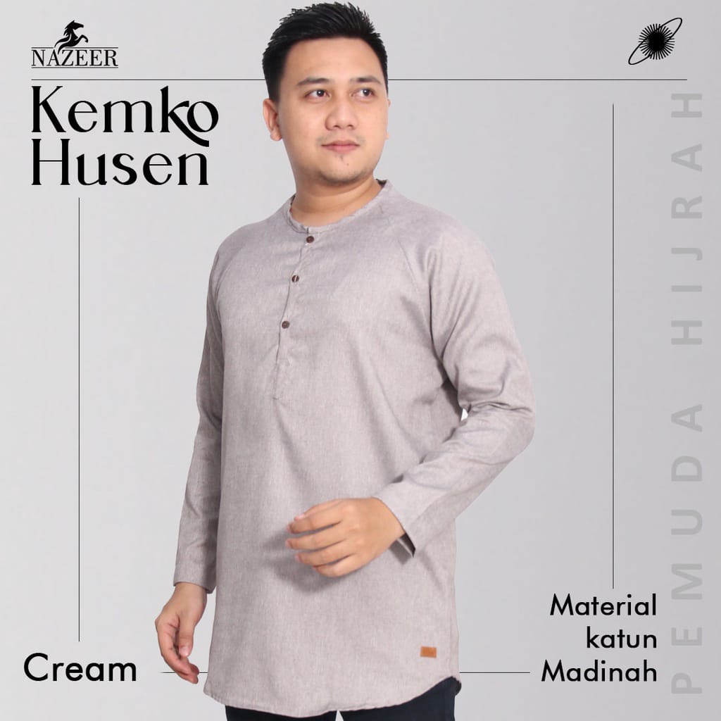 Kemeja Koko Warna Cream Lengan Panjang Pria Dewasa Muslim Modern Katun Madina Kemko Husen Nazeer