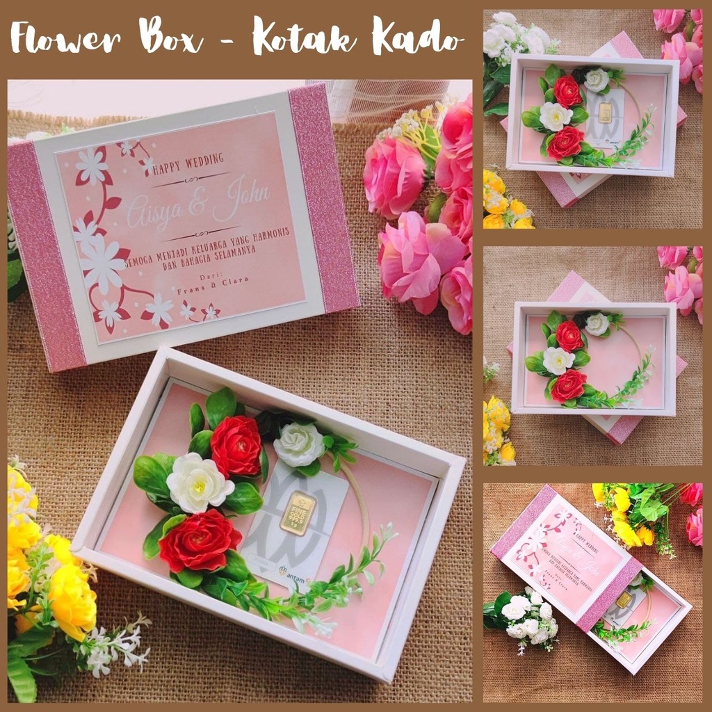 

flowerbox custom warna merah putih latar pink kado unik untuk pacar, hadiah anniversary ulang tahun pernikahan mewah