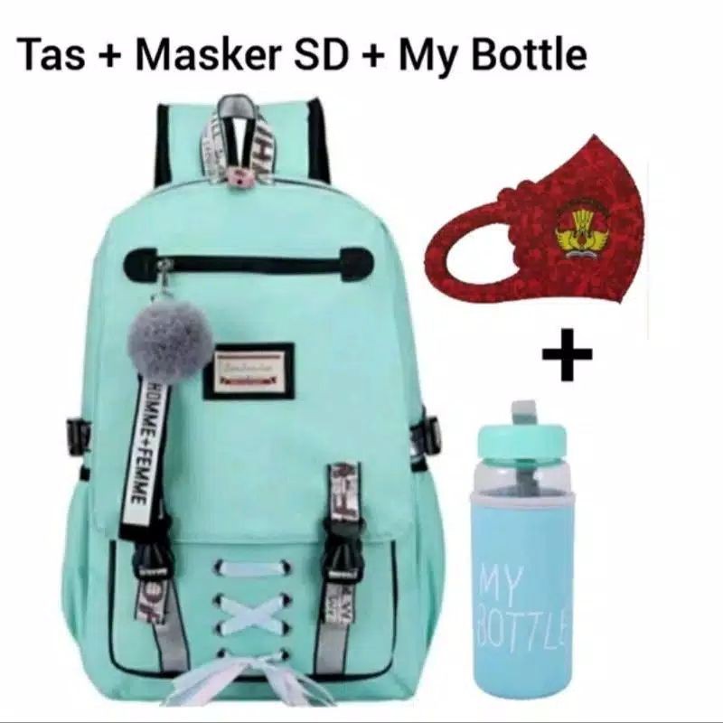 Tas Sekolah SD Wanita Backpack Perempuan Plus Pompom Masker dan My Bottle-Biru Muda