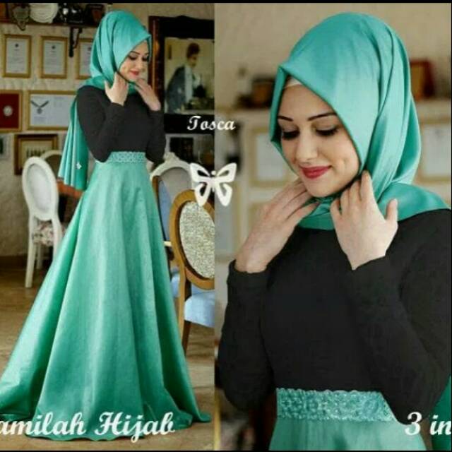 Setelan Baju Muslim Wanita Gamis Jamilah Syari Busana Lebaran Warna Hitam Biru Tosca