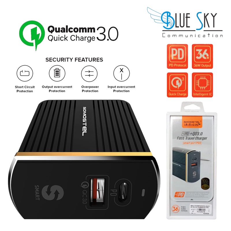 KEPALA CHARGER SOMOSTEL SMART PORT PD2 V8 DAN TYPE C QUALCOMM 3.0