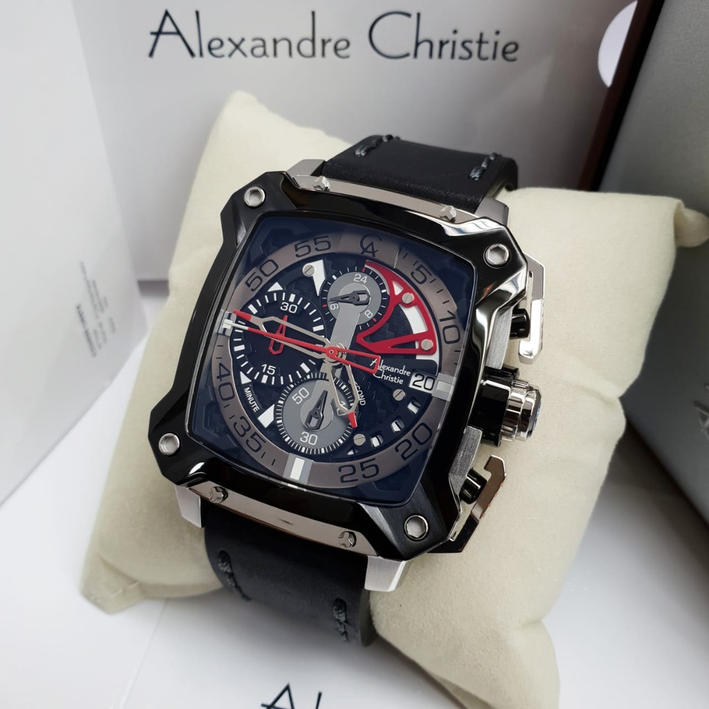 Alexandre Christie 100% Original AC3038 Jam Tangan Pria tali kulit hitam silver