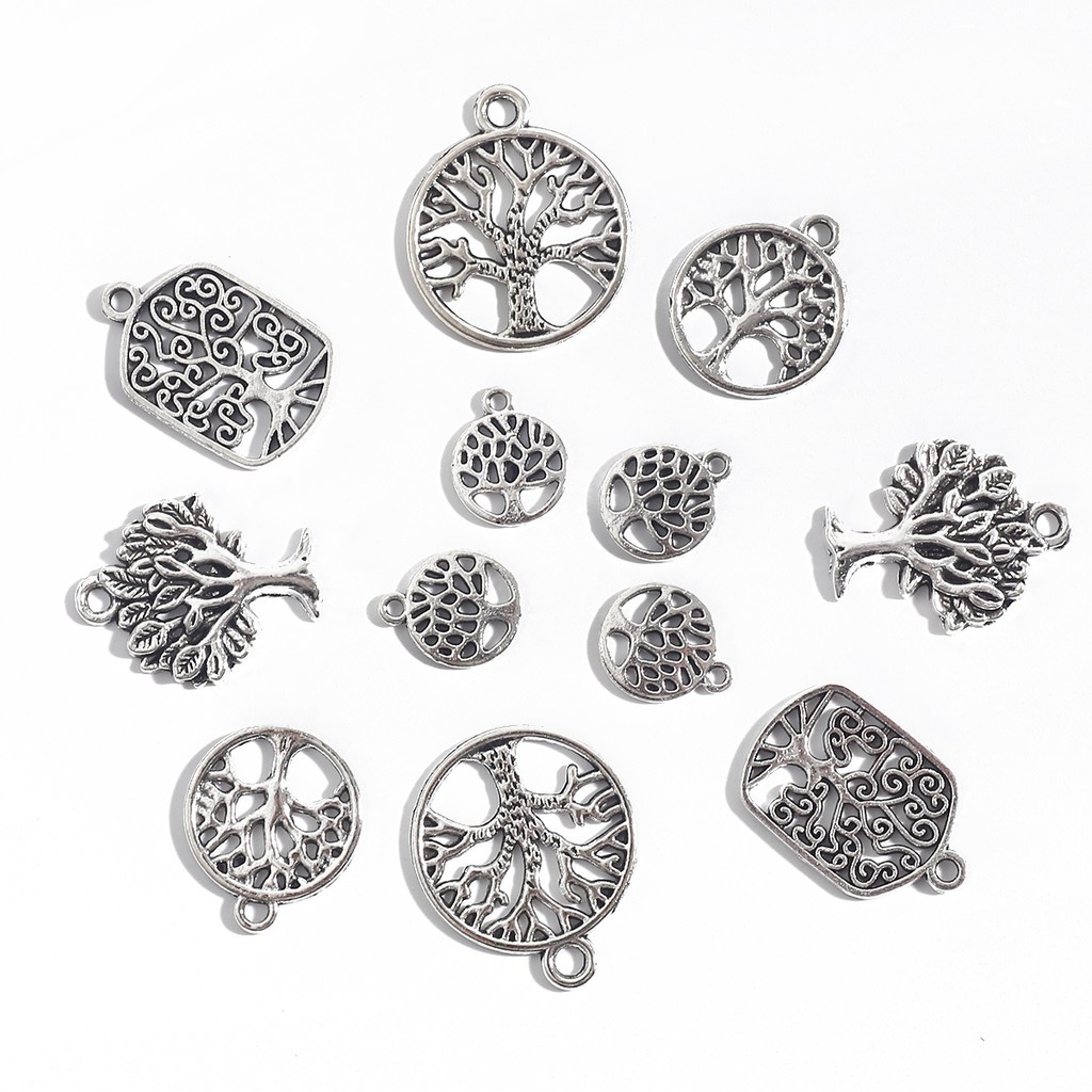 10-30 Pcs 5 Ukuran Charms Life Dreaming Trees Bentuk Bulat Kotak Lapis Silver Untuk Gelang Kalung