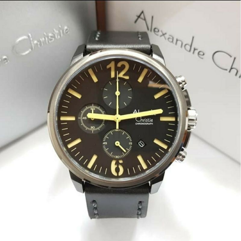 ORIGINAL GARANSI RESMI JAM TANGAN PRIA ALEXANDRE CHRISTIE CHRONO BLACK GREY KULIT STRAP ARLOJI WATCH