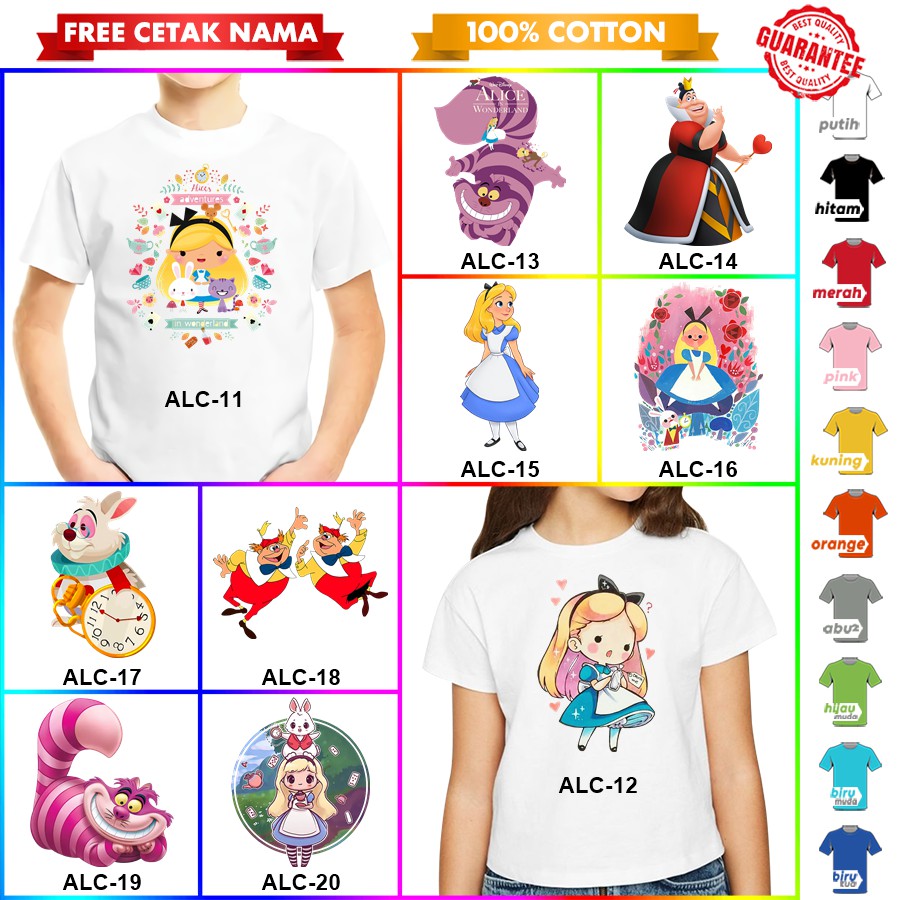 Baju Kaos ANAK DAN DEWASA ALICE IN WONDERLAND BANYAK MOTIF [FREE NAMA!!]