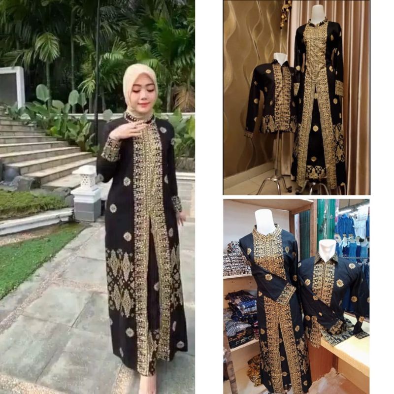 GAMIS BATIK SONGKET PALEMBANG HITAM GOLD BAJU DRESS WANITA PESTA KONDANGAN MEWAH ELEGAN JUMBO BUSUI 