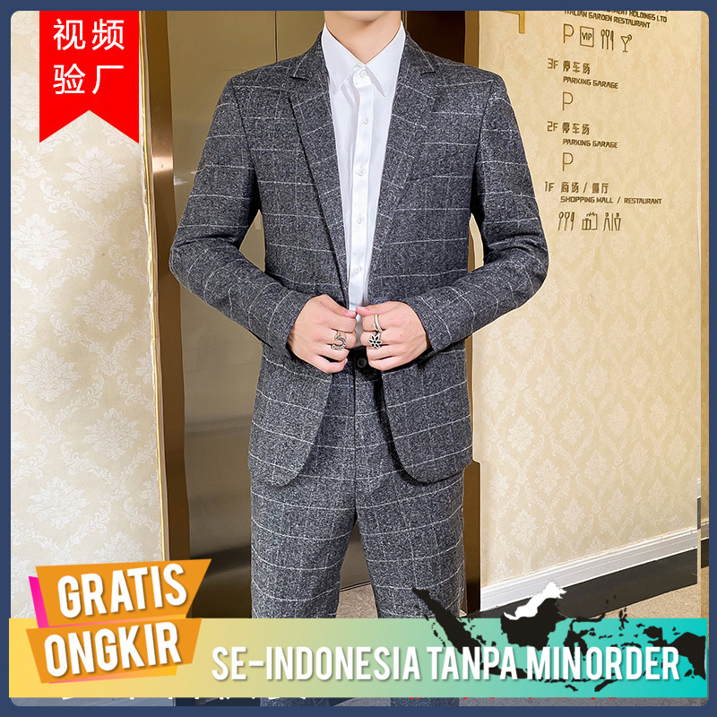 Jas setelan kotak-kotak pria, setelan pria Jas Pria Pengantin