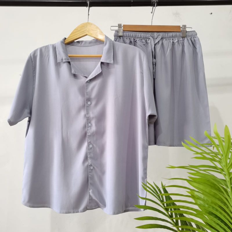 PIYAMA KANCING PENDEK | PIYAMA RAYON | BAJU TIDUR RAYON-KCB BABY GREY