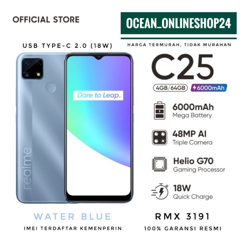 REALME C25 RAM 4GB 64GB - WATER BLUE - HELIO G70 - 48MP - 6000mAh - GRS RESMI