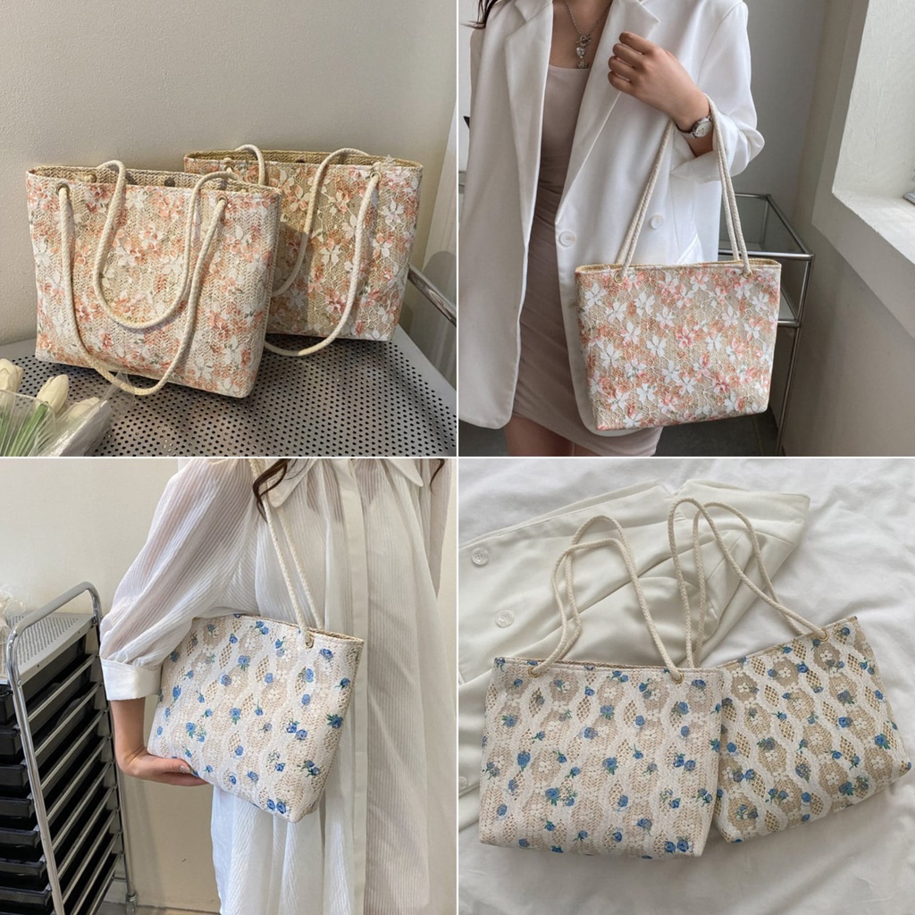 DBCOL Tas Tote Wanita Bahan Anyam Jerami Motif Lace Pita/Totebag Fashion Korea Motif Lace Pita Impor