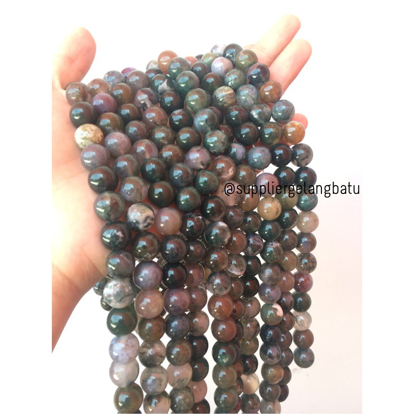 natural india agate batu bloodstone alam akik badar lumut 12mm renceng aksesoris pria wanita formal
