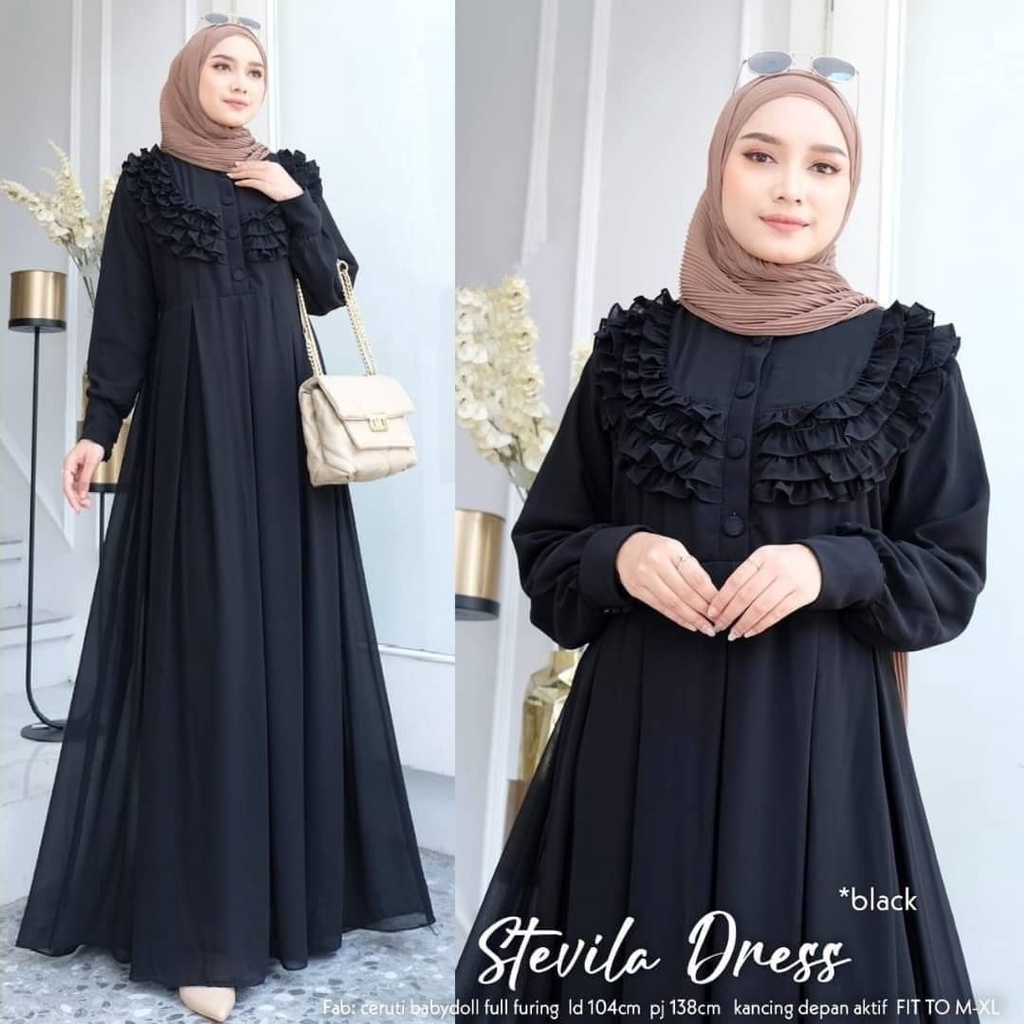 Gamis Wanita Stevila Maxy Dres CG Bahan Ceruty Babydoll Full Furing Premium Maxi Dress Muslimah Eleg