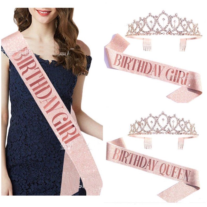 POTO PRODUCT ORI SET MAHKOTA CRYSTAL PREMIUM KRISTAL BLINK DAN SASH BIRTHDAY GIRL / QUEEN ROSE GOLD AKSESORIS ULTAH