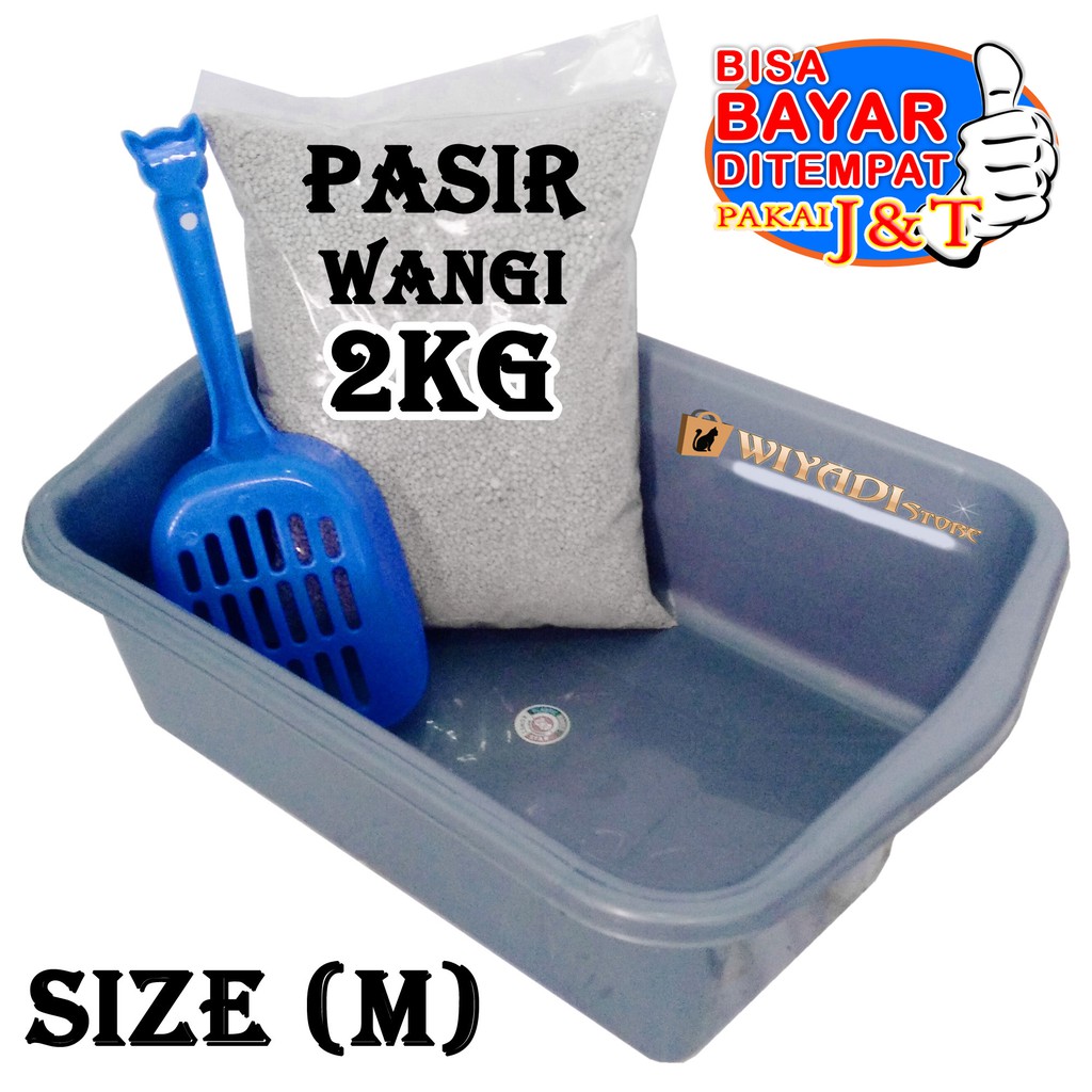 Paket Litter Box [M], Serokan Pasir, dan Pasir Wangi [Repack 2kg] Toilet Tempat PUP Kucing